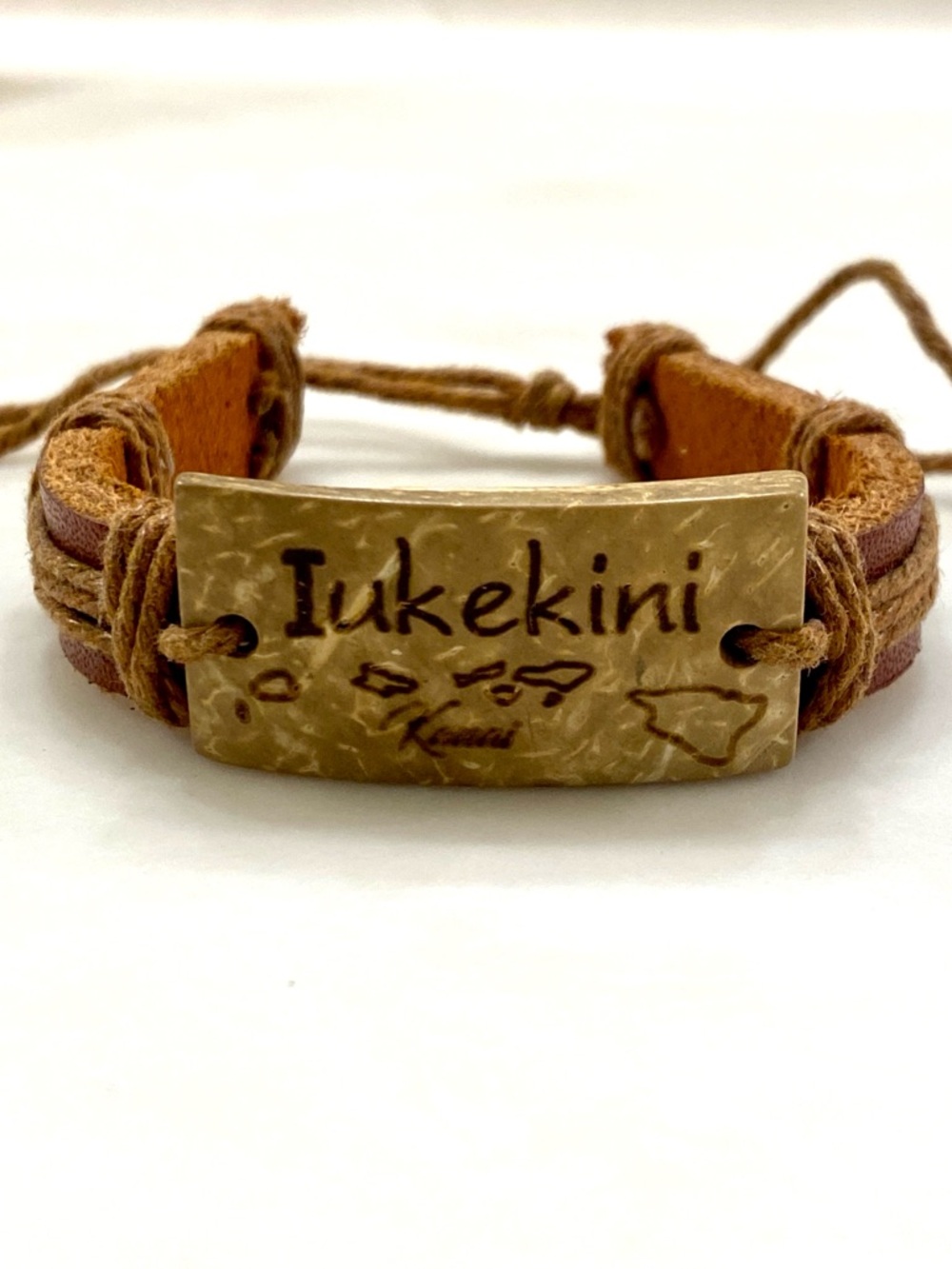 Hawaii Iukekini Coconut Shell Engraved Map Leather Adjustable Cord Bracelet Boho